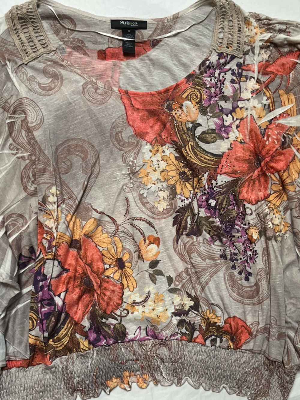 Style & Co. Floral Coral and Cream Women's Pullover Top